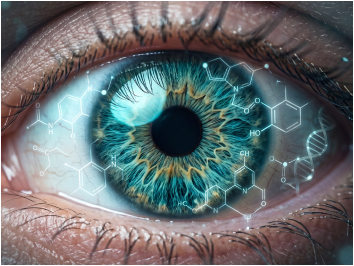Close-up of an eye overlaid with molecular structures
